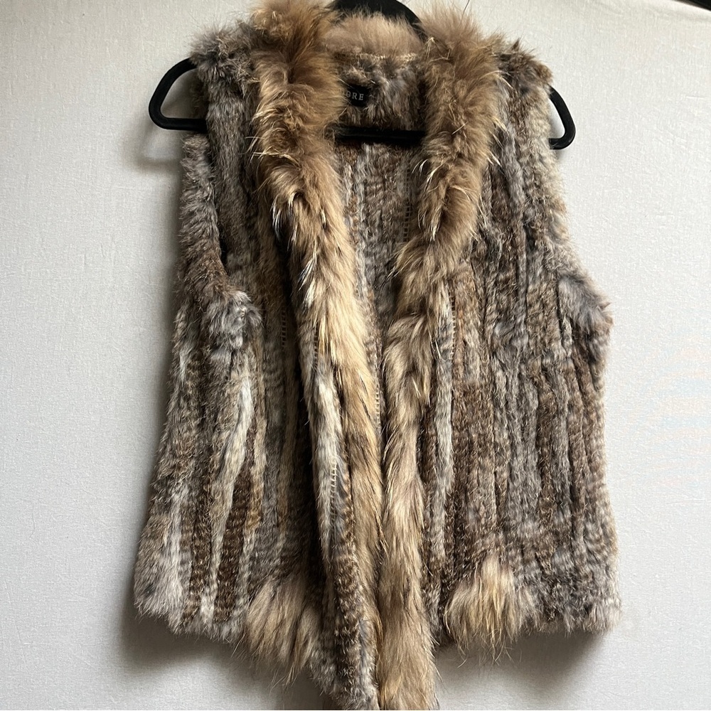 ADORE Real Sheared Rabbit & Raccoon Fur Vest - Gray/Tan - Mob Wife / Apres Ski
